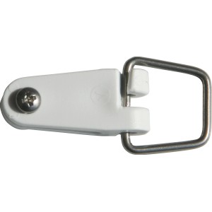 Floracord Drehfix-Ösenersatz: Detailaufnahme des weißen Kunststoffhakens mit Edelstahlring für Sonnensegel.