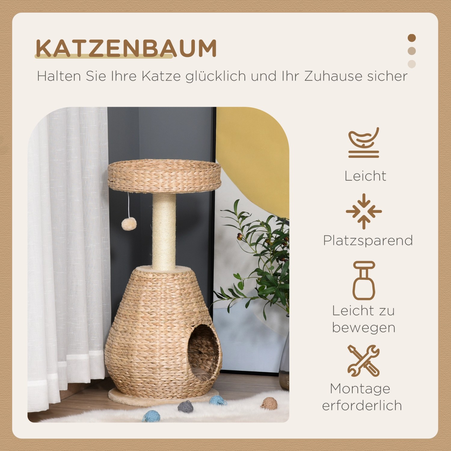 PawHut Katzenbaum mit Höhle und Spielzeug, Sisal-Kratzstamm, beige.