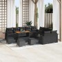 Schwarzes 14-teiliges Garten-Sofa-Set aus Poly-Rattan mit Tisch und Hockern.