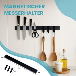 CHEFGASTRO Magnetleiste mit Messern und Küchenhelfern an gefliester Wand.