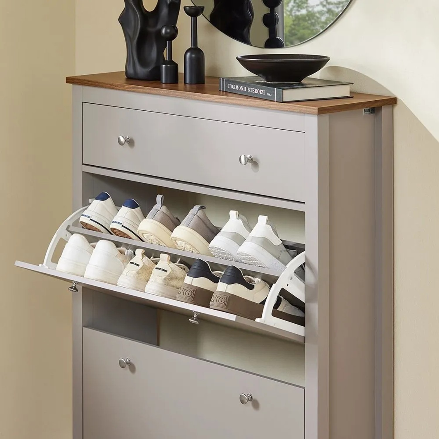 SoBuy Schuhschrank Schmal mit Schublade Schuhkommode mit 2 Klappen 80x108x25cm Hellbraun FSR89-KA_7