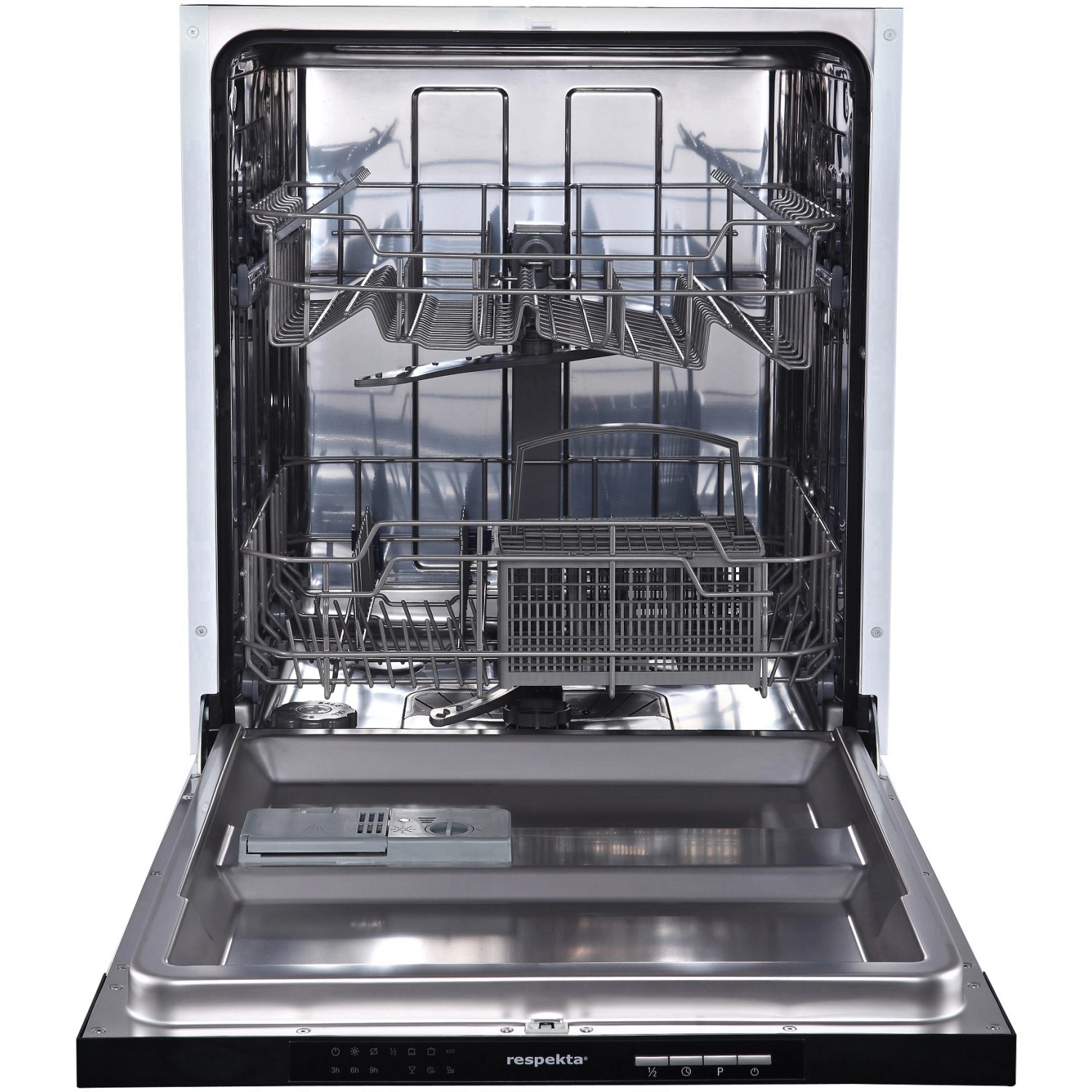 Offener Respekta Einbaugeschirrspüler (vollintegriert) mit Geschirrkörben in einer Einbauküche.