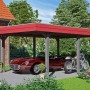 Skan Holz Carport Wendland in Schiefergrau mit roter Blende, untergestellt sind Oldtimer-Auto und Motorrad.