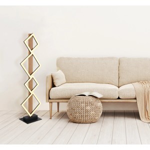 Moderne LED-Stehleuchte Dustin in Holzfarben/Schwarz mit quadratischem Design.