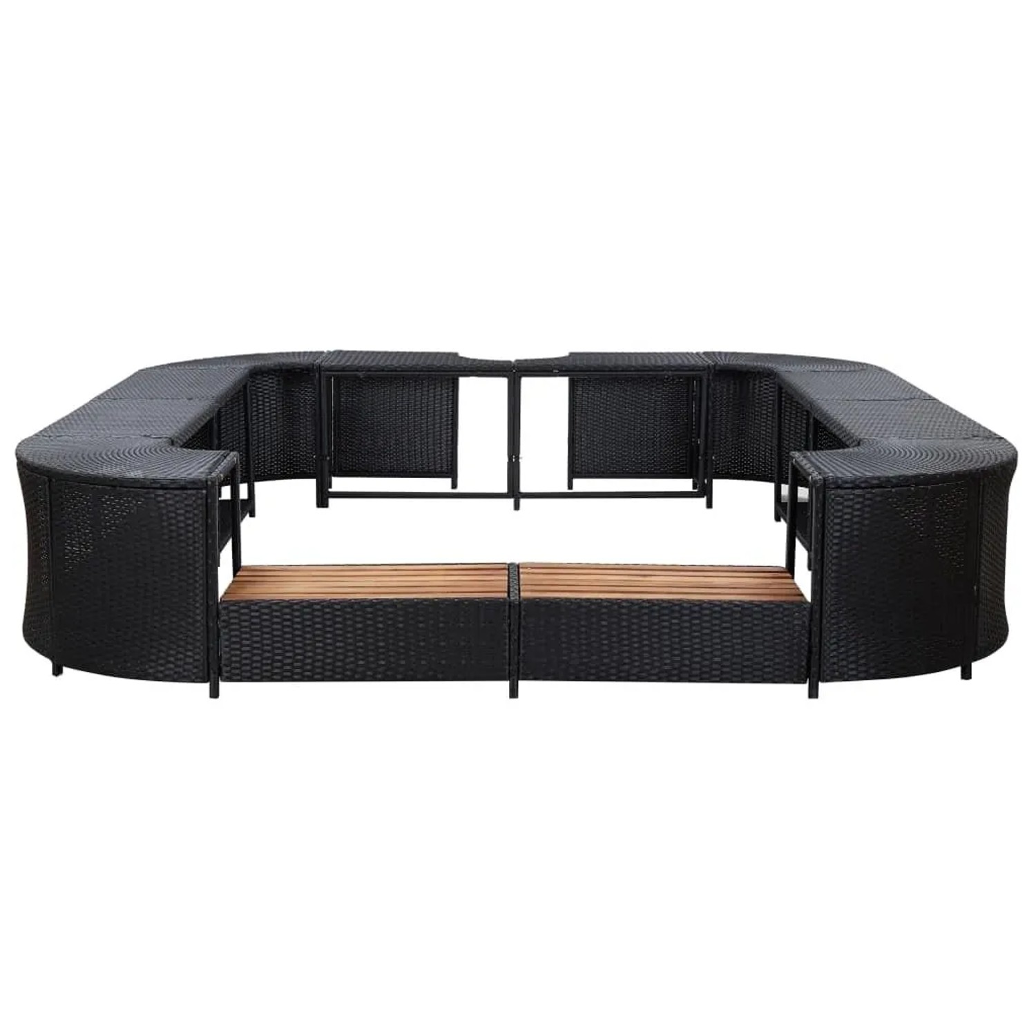 Quadratische, schwarze Whirlpool-Umrandung aus Poly Rattan mit Holzstufen für den Außenbereich.