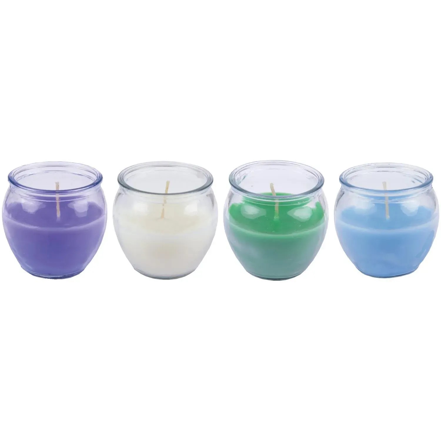 HS Candle Duftkerzen Floral Selection, 4er-Set in Lila, Weiß, Grün und Blau.