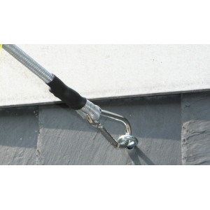 Floracord Spanngurt, hellgrau, mit Karabinerhaken für Sonnensegelbefestigung.