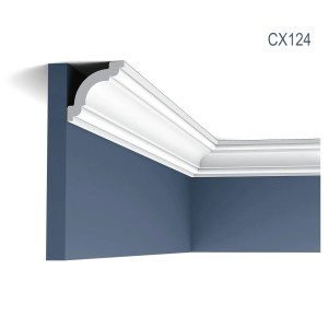 Weiße ORAC DECOR CX124 Eckleiste als Zierelement an Wand und Decke.