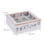 Weiße Relaxdays Teebox aus MDF mit transparentem Acryldeckel, 9 Fächern und grauer "TEA"-Aufschrift. Für Teeaufbewahrung.