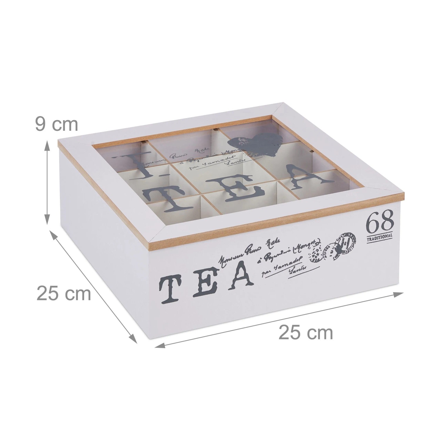 Weiße Relaxdays Teebox aus MDF mit transparentem Acryldeckel, 9 Fächern und grauer "TEA"-Aufschrift. Für Teeaufbewahrung.
