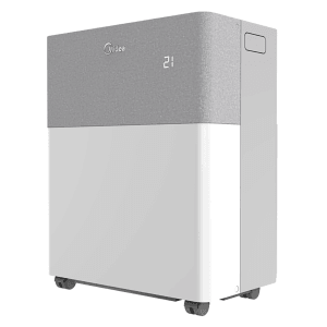 Midea PortaSplit: Mobile Klimaanlage mit Rollen, digitaler Anzeige und grau-weißem Design.