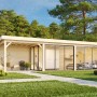 Palmako Pavillon Lenna Set, 876x300 cm, weiß lackiert. Weekendhaus mit Schiebetüren und überdachtem Freisitz.