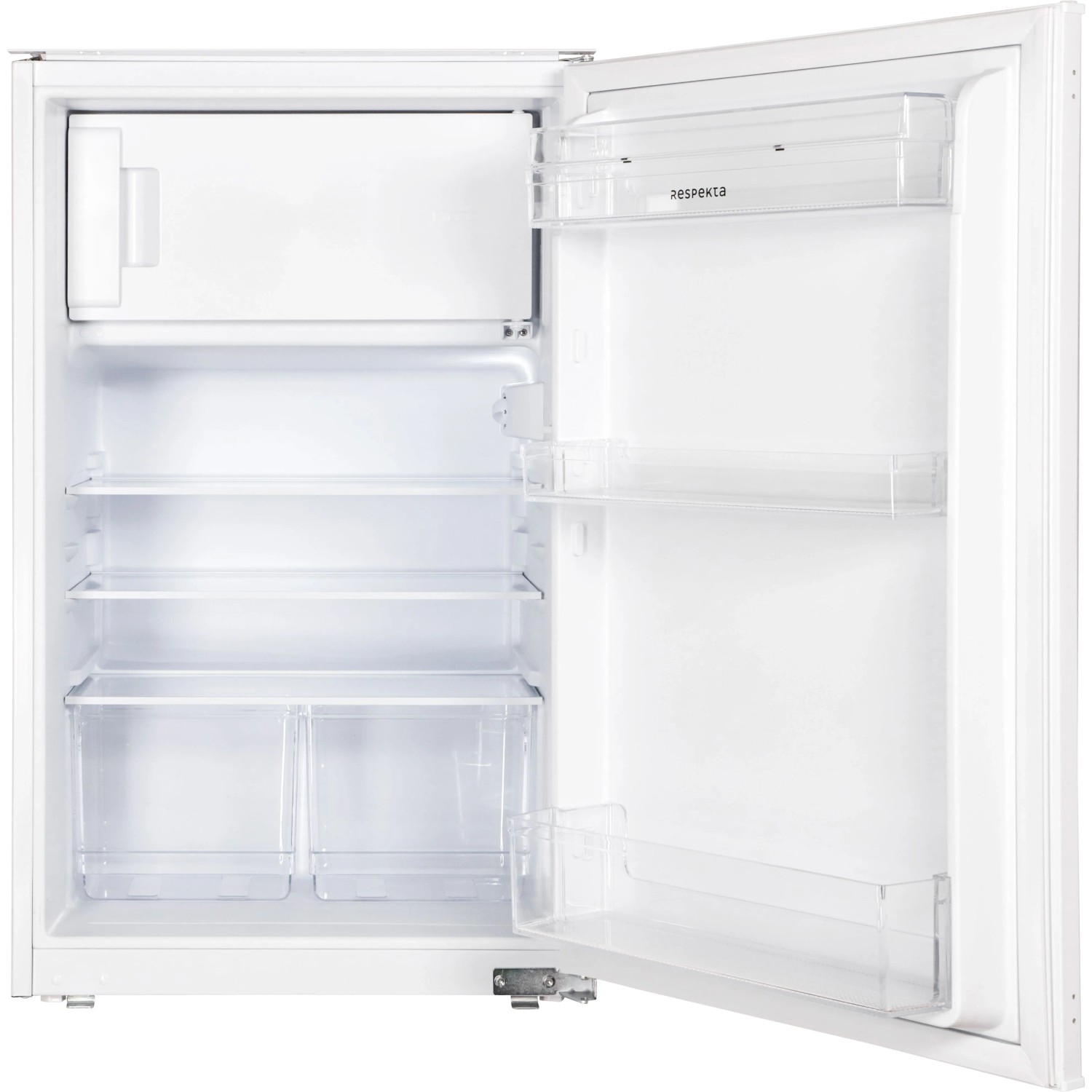 Respekta Kühlschrank (88 cm) für Küchenzeile Oliver, Tür geöffnet, Innenraum mit Fächern und Gefrierfach.