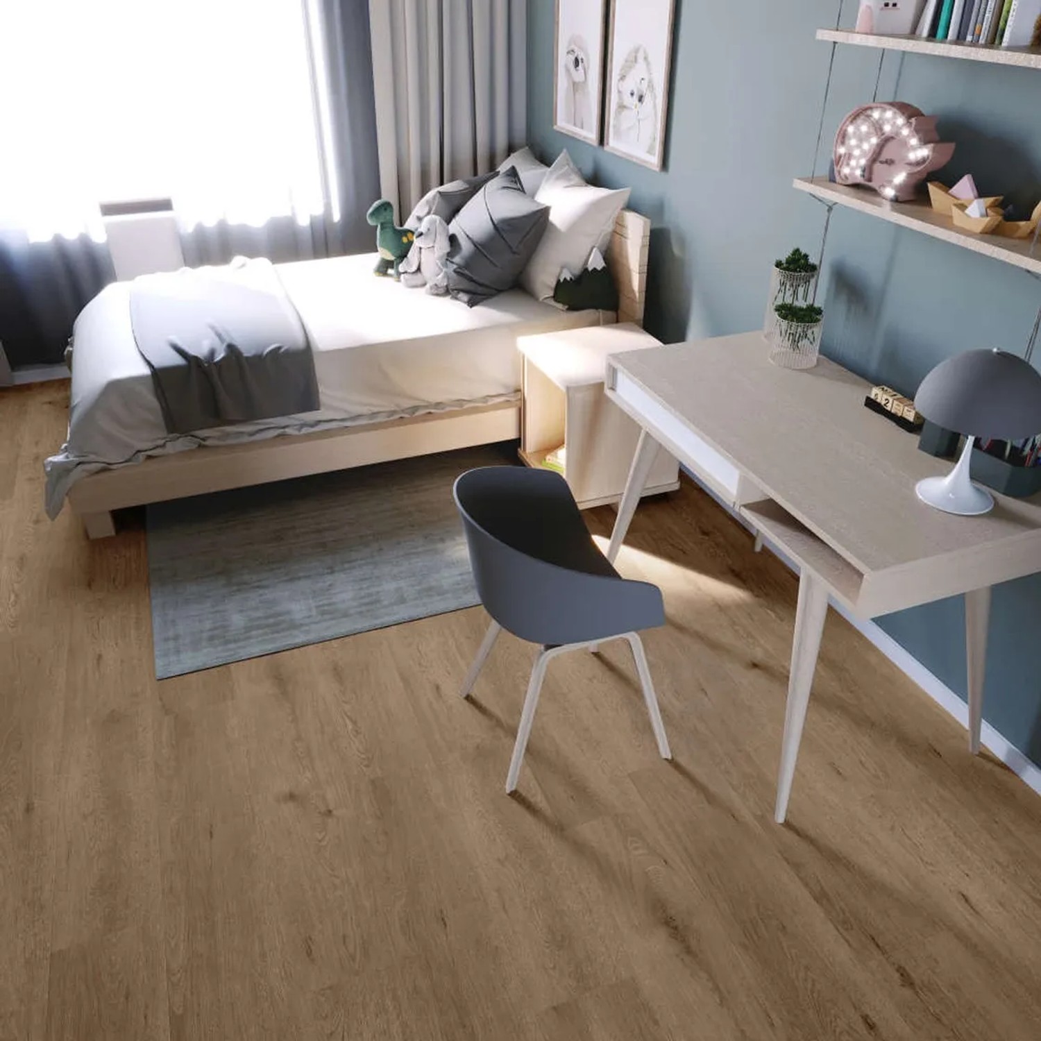 Anaturo Rigid-Vinylboden Mio 30 Click Plus Eiche Cesena im Kinderzimmer mit Bett und Schreibtisch.