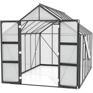 Vitavia Gewächshaus Olymp 9900, 9,9 m², schwarz, mit geöffneten Doppeltüren und Fundamentrahmen.