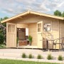 Unbehandeltes Weka Holz-Gartenhaus mit Satteldach und geöffneten Türen in naturnaher Umgebung.