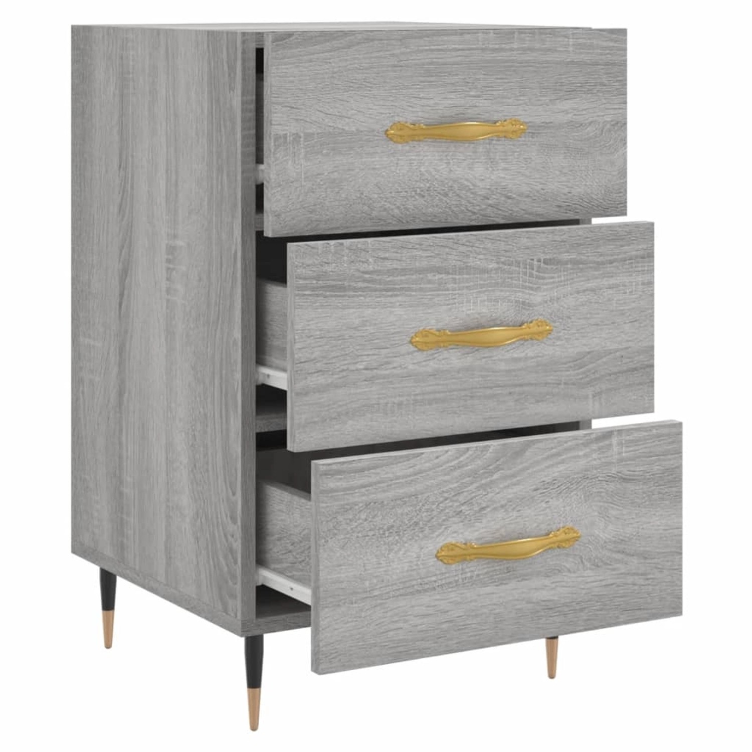 Grauer Nachttisch Sonoma mit 3 Schubladen und goldenen Griffen, Holzwerkstoff, 40x40x66 cm.
