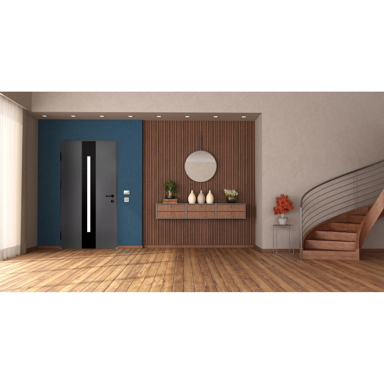 Moderne, anthrazitfarbene Splendoor Haustür ThermoSpace Prime Dublin mit Glaseinsatz in Wohnraum-Szene.