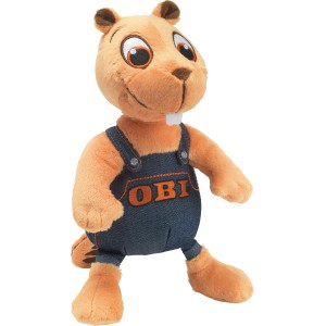 Niedlicher OBI Biber Plüschtier mit Latzhose, 22 cm große Dekofigur für Kinder und OBI Fans.