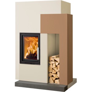 Haas+Sohn Ascim II Kaminofen, Wärmespeicherbeton weiß, 7,5 kW mit Holzscheiten im Fach.