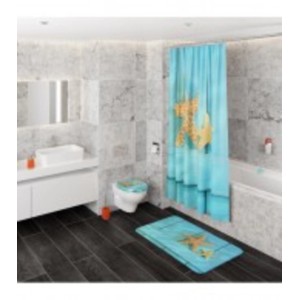 Badezimmer mit Sanilo Waschbeckenstöpsel Sea Star, passendem Duschvorhang, Badteppich und WC-Sitz.