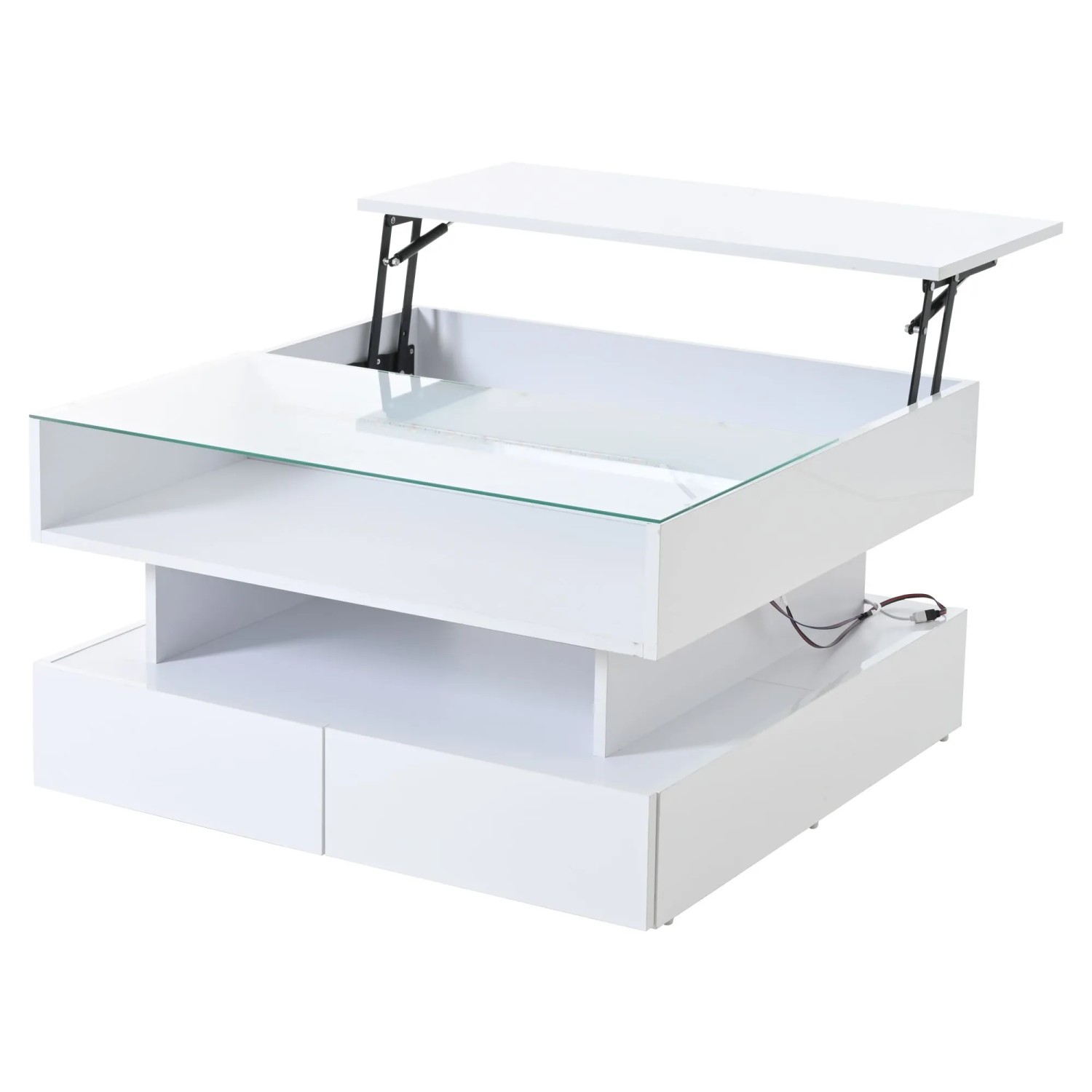 ModernLuxe Couchtisch Höhenverstellbar mit Stauraum 2 Schubladen LED Spanplatte Weiß