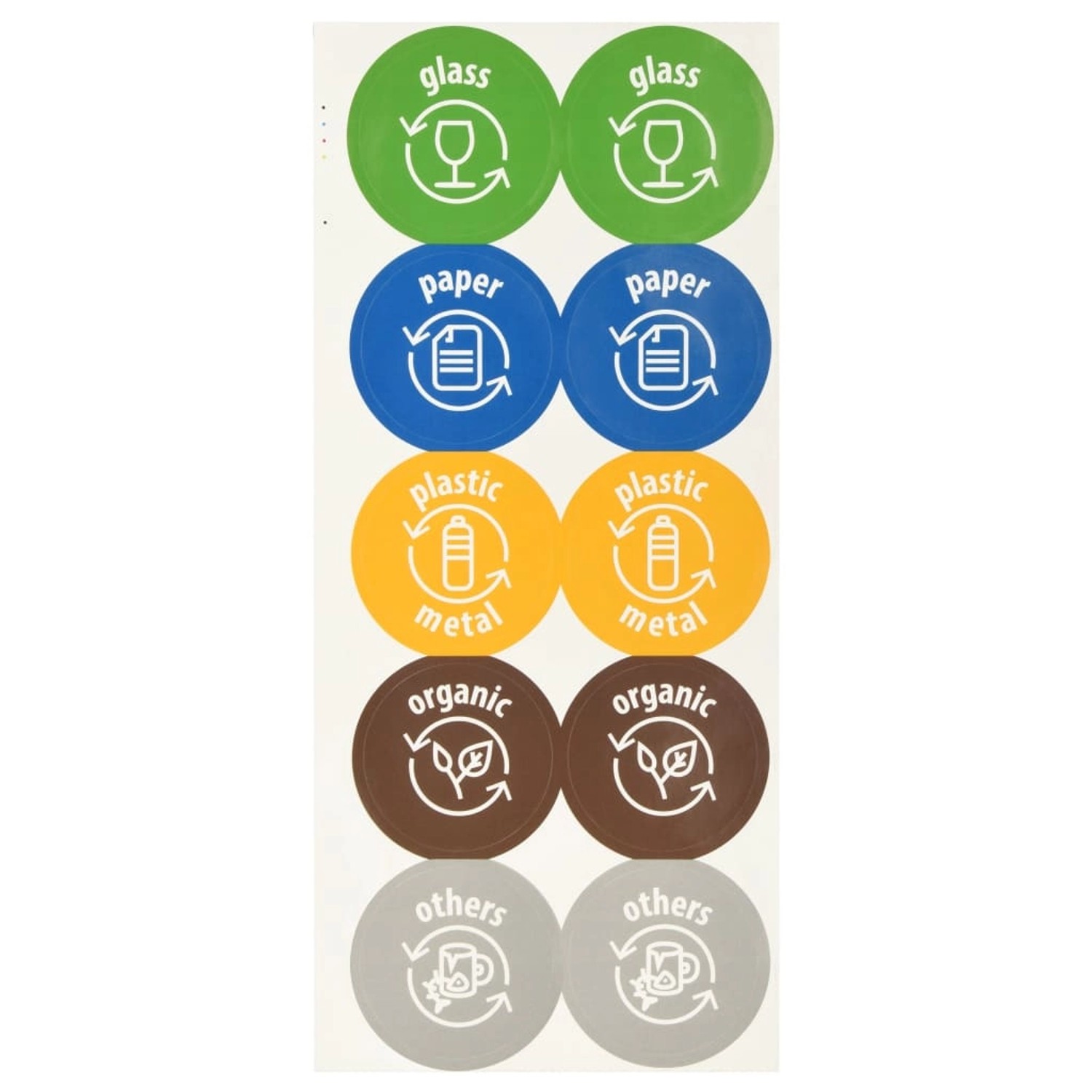 Aufkleber zur Mülltrennung für vidaXL Mülleimer, verschiedene Symbole.