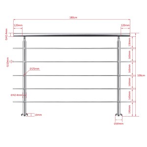 AICA Edelstahl-Treppengeländer 180 cm Geländer für Innen und Außen 5 Querstäbe