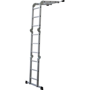 Vierteilige Mehrzweckleiter aus Aluminium mit Arbeitsplattform, 4x3 Sprossen, Arbeitshöhe 4,5 m.