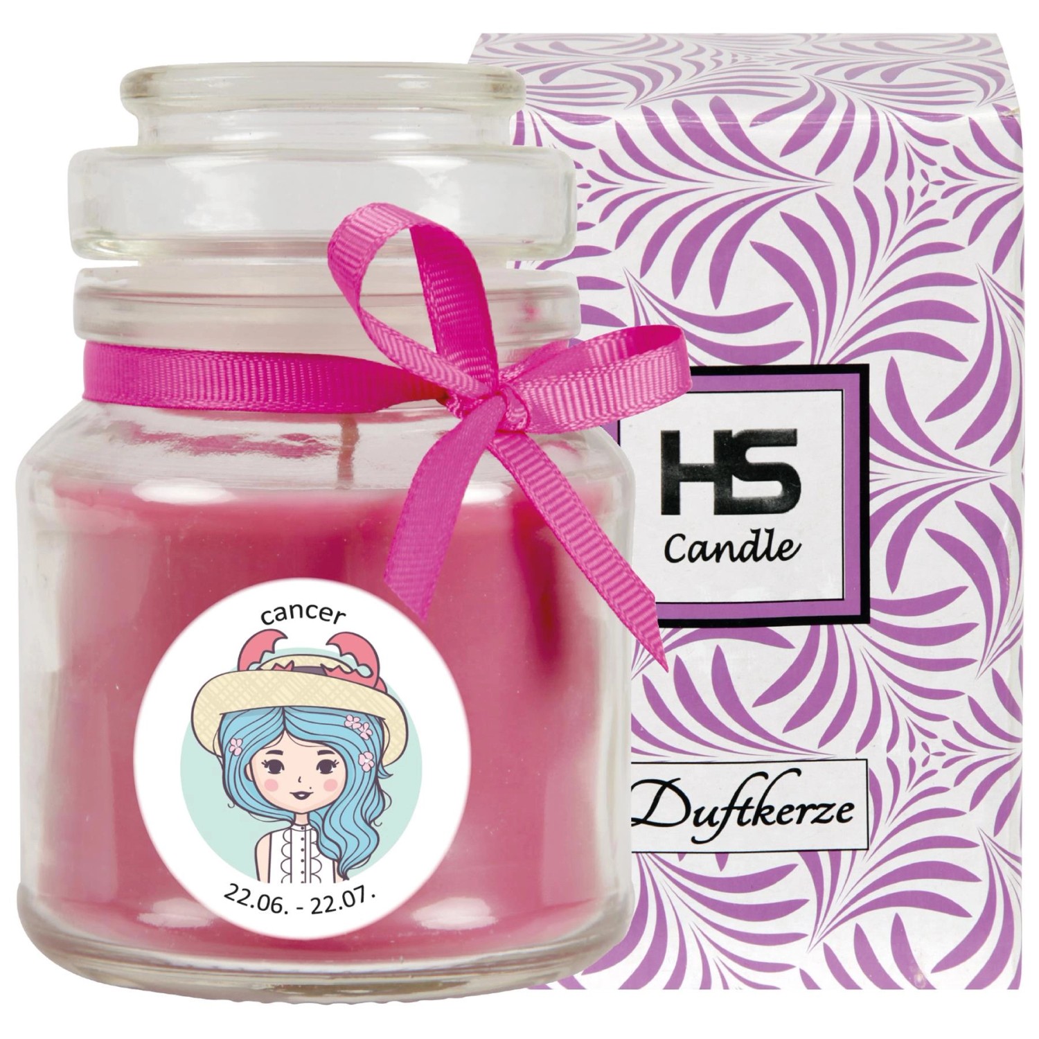 HS Candle Duftkerze Sternzeichen Krebs im Glas mit Schleife, Brenndauer 30 Stunden.