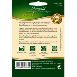 Quedlinburger Mangold Bright Lights Saatgut Packung mit bunten Stielen und grünen Blättern.