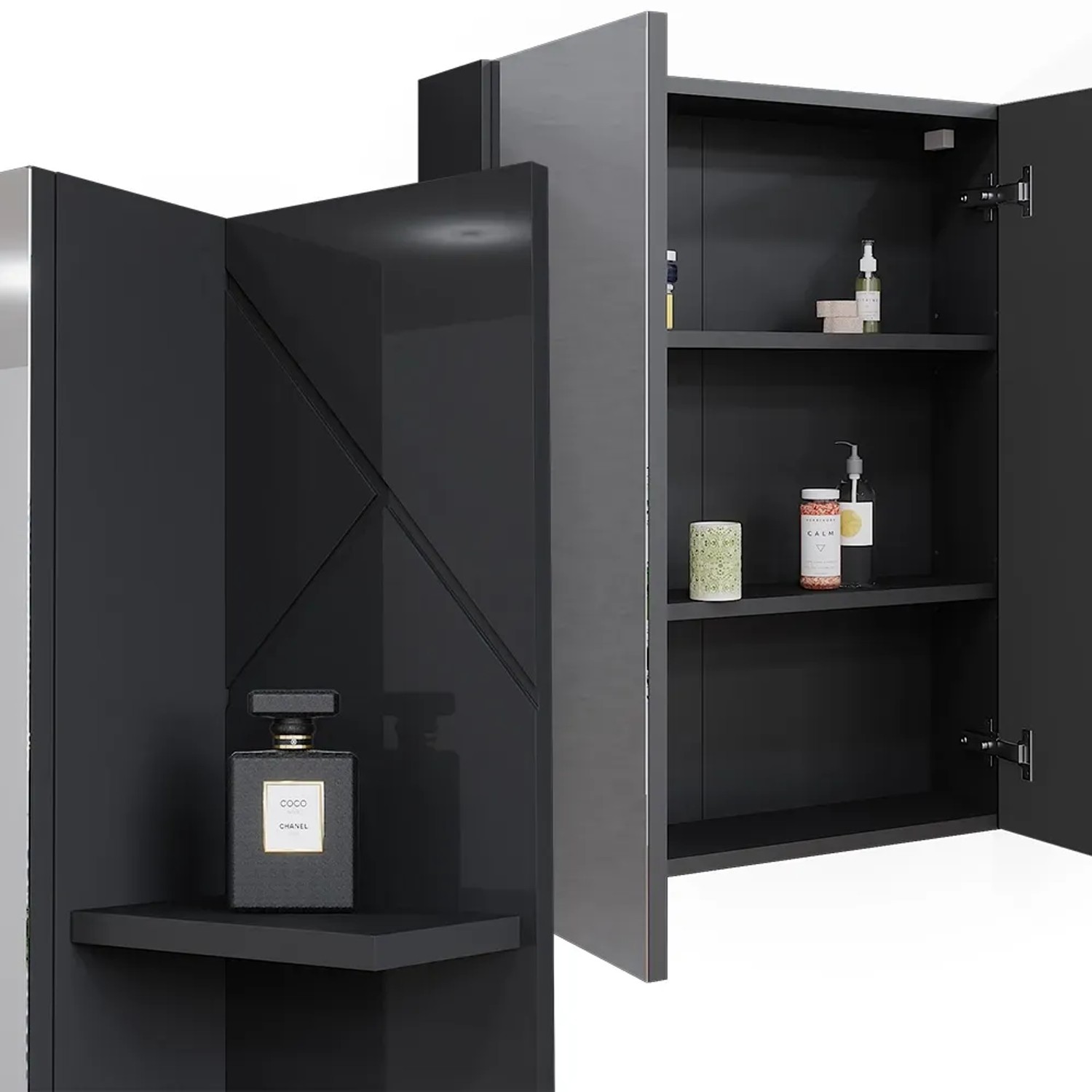 Vicco Badspiegelschrank Irma, anthrazit hochglanz, 80x75 cm, mit offenen und geschlossenen Fächern.