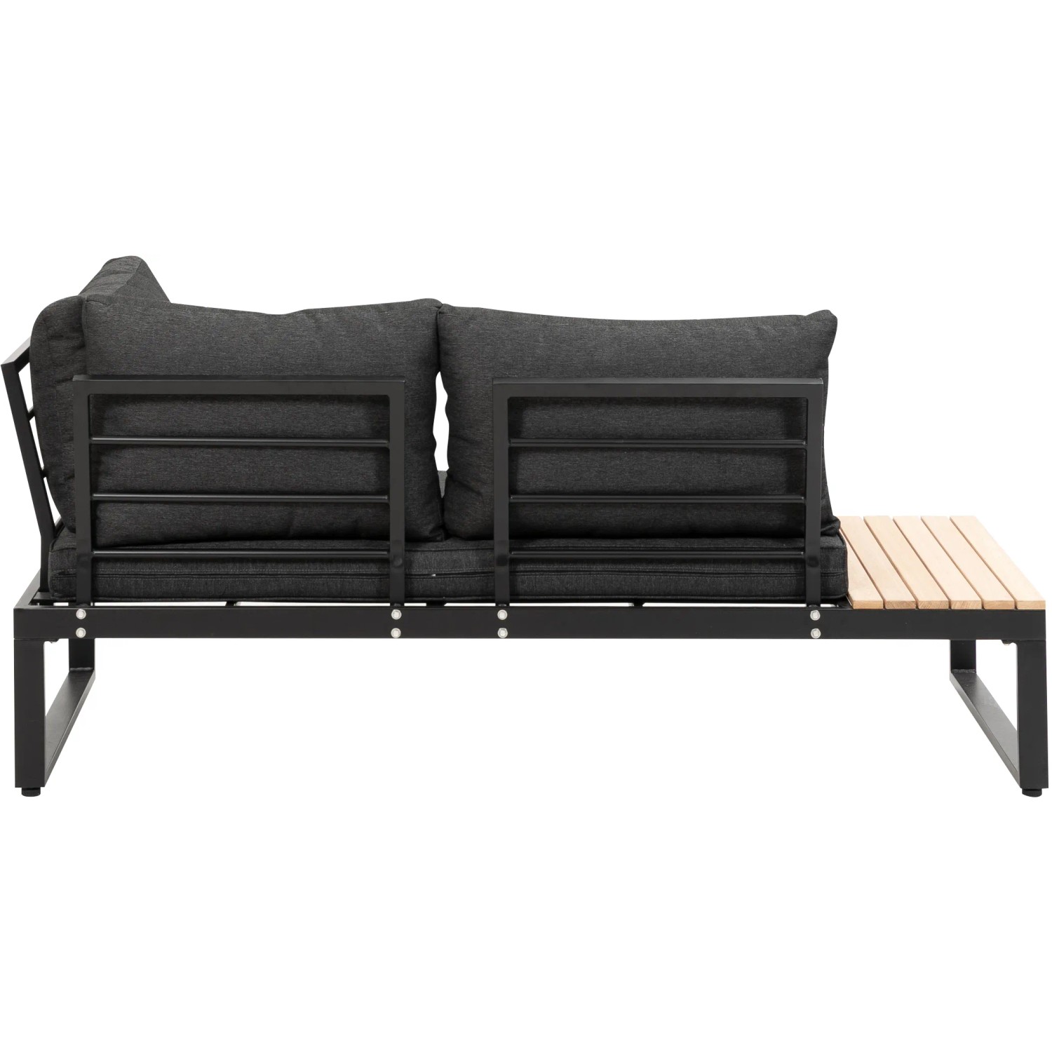 Greemotion Lounge-Set Rio, 3-teilig, Aluminium schwarz mit Holztablett und grauen Kissen.