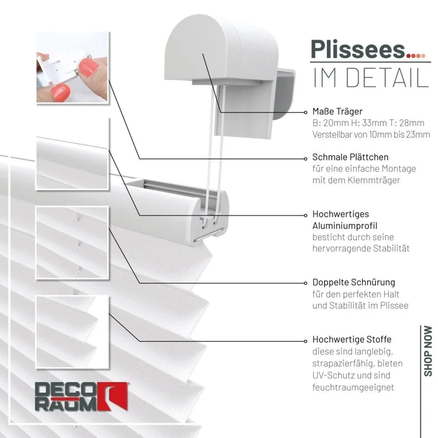 Weißes Deco-Raum Plissee im Detail: Klemmfix-Montage, Aluminiumprofil, doppelte Schnürung. Blickdichter Sichtschutz.