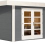 Graues Weka Holz-Gartenhaus mit Flachdach und Doppeltür. Ideal als Gerätehaus oder Gartenlaube.