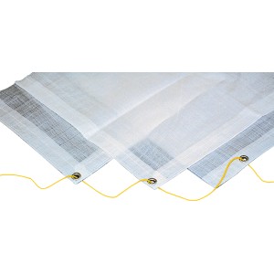 Weiße Seilflechter Bootsplane (5x9m, 250g/m²) mit Ösen und gelber Befestigungsschnur.