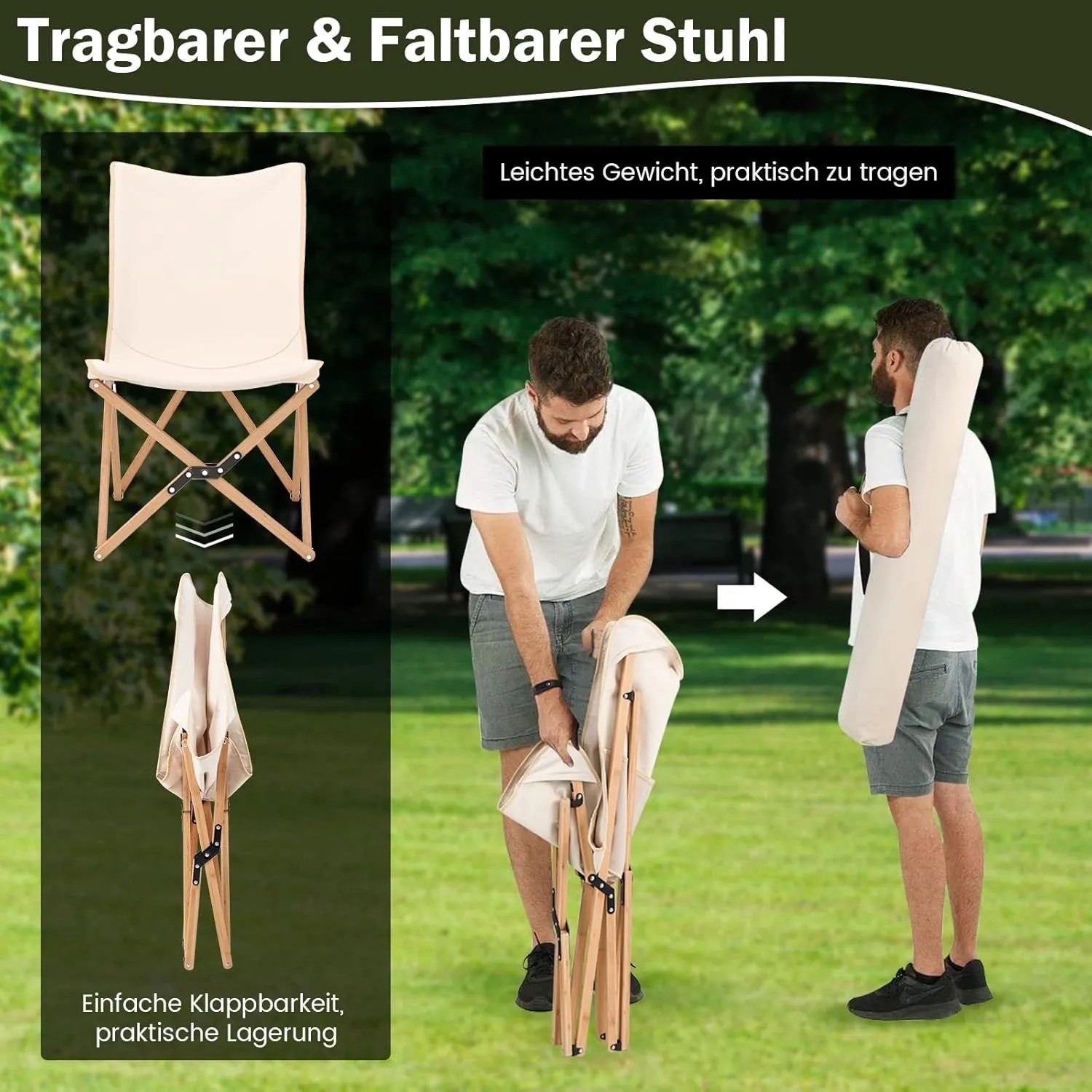 Costway 2er Set Campingstuhl Faltbar Bambusgestell Beige_5