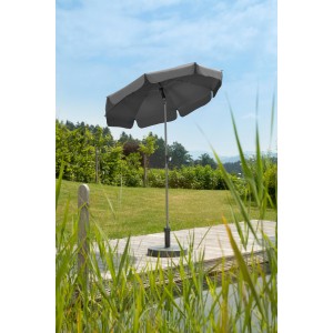 Anthrazitfarbener Schneider Balkonschirm Locarno Ø 150 cm mit Push-Up Mechanik im Garten.