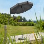 Anthrazitfarbener Schneider Balkonschirm Locarno Ø 150 cm mit Push-Up Mechanik im Garten.