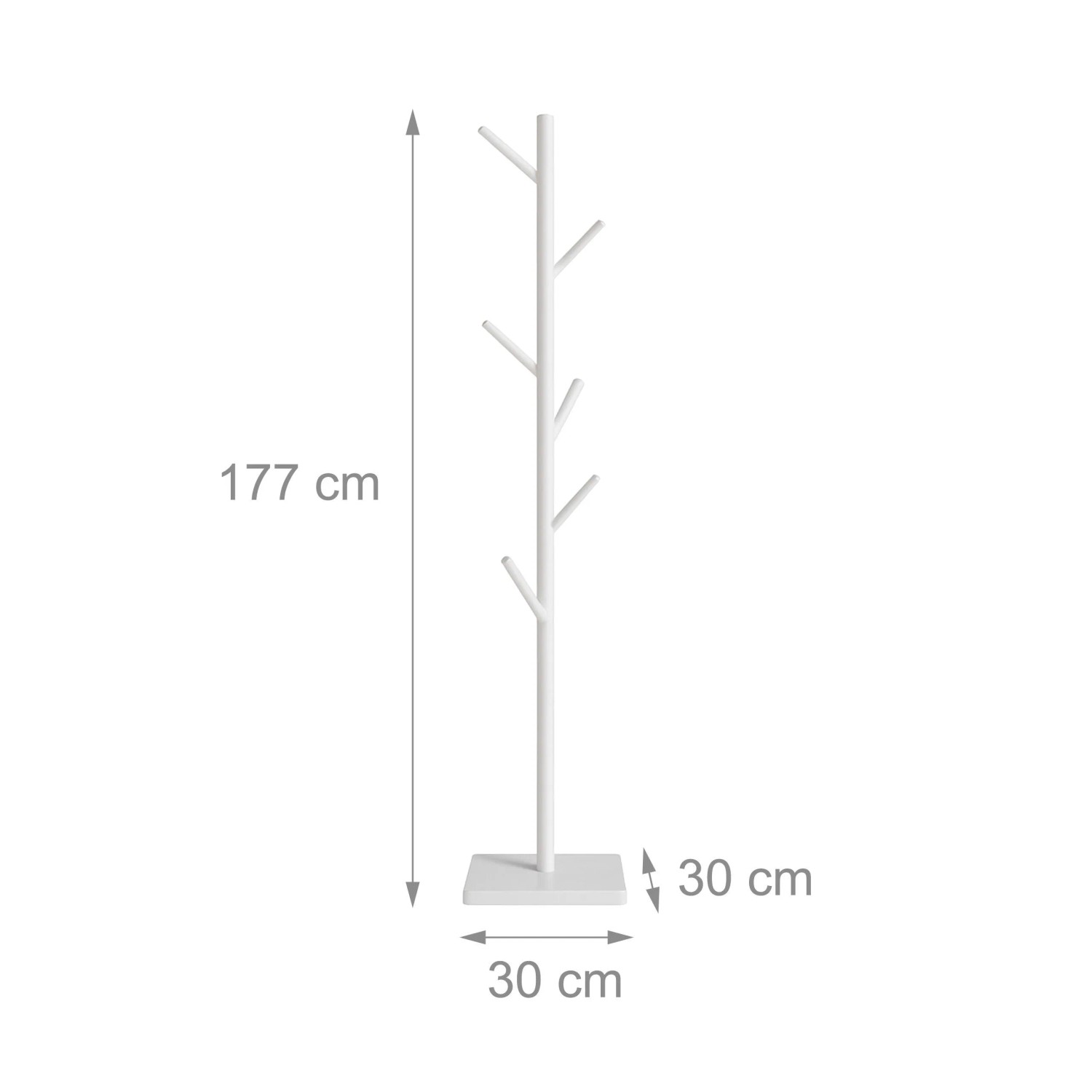 Weißer Garderobenständer Holz, Baumform, 8 Haken, höhenverstellbar, 177 cm hoch, 30x30 cm Basis.