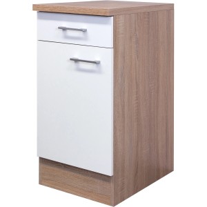 Flex-Well Classic Küchenunterschrank Florida, 40 cm, Weiß und Sonoma Eiche Dekor mit Schublade.