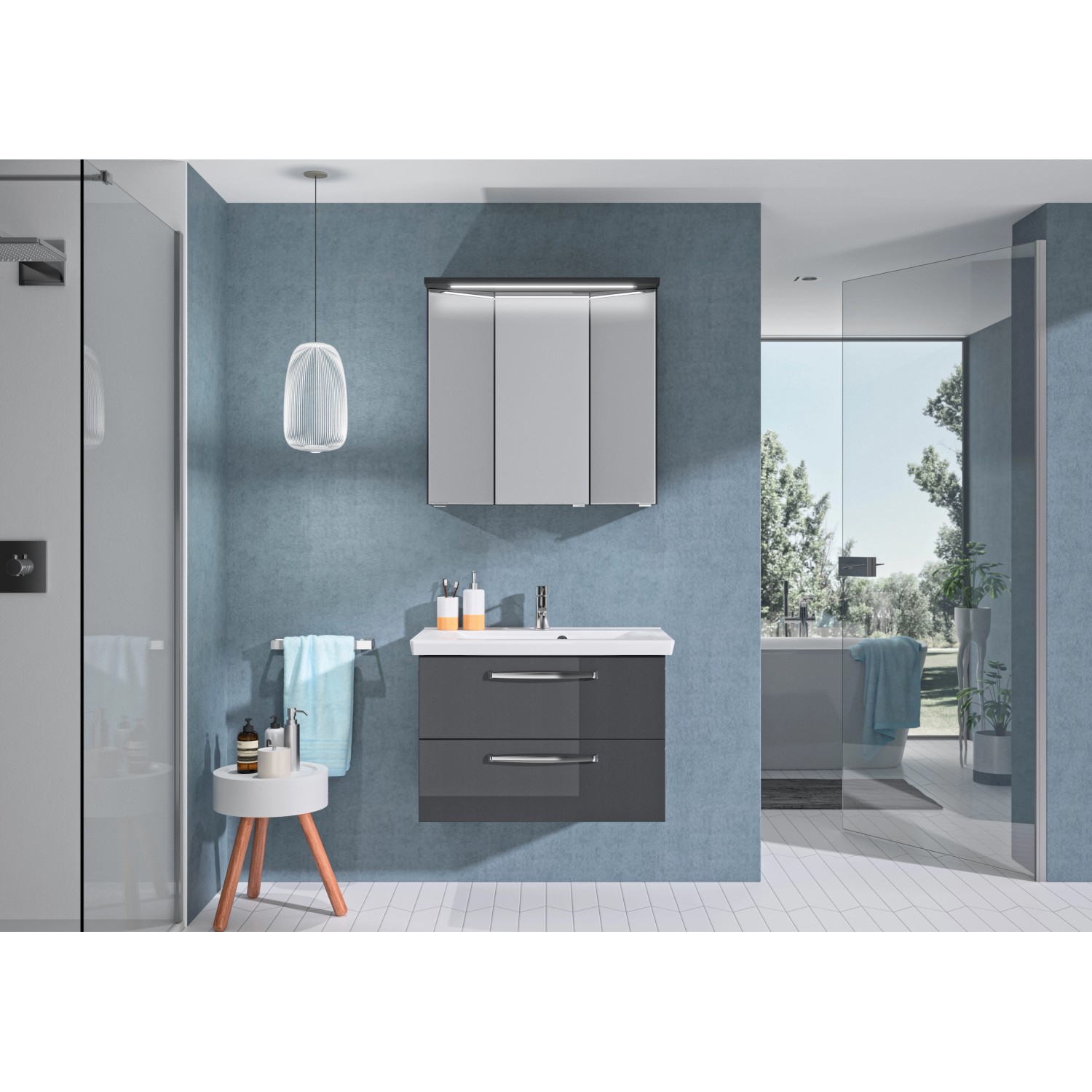 Pelipal Spiegelschrank Trentino, anthrazit, 75 cm breit, mit Beleuchtung in modernem Badezimmer.