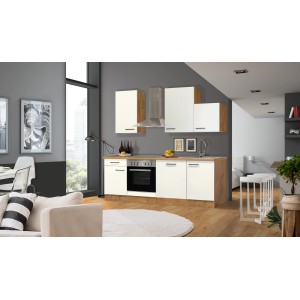 Flex-Well Küchenzeile Vintea 220 cm in Magnolia/Lancelot Oak mit E-Geräten und Spüle.