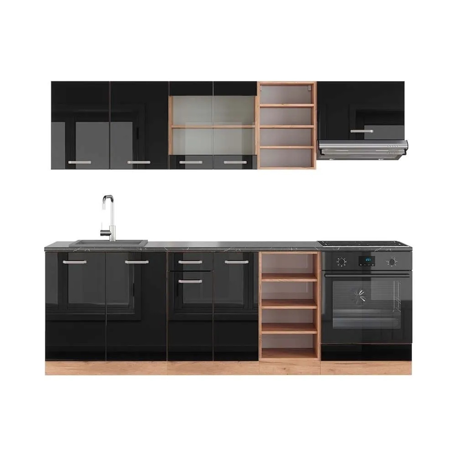 Vicco R-Line Küchenzeile Schwarz Hochglanz Goldkraft Eiche 240 cm AP Anthrazit ohne E-Geräte