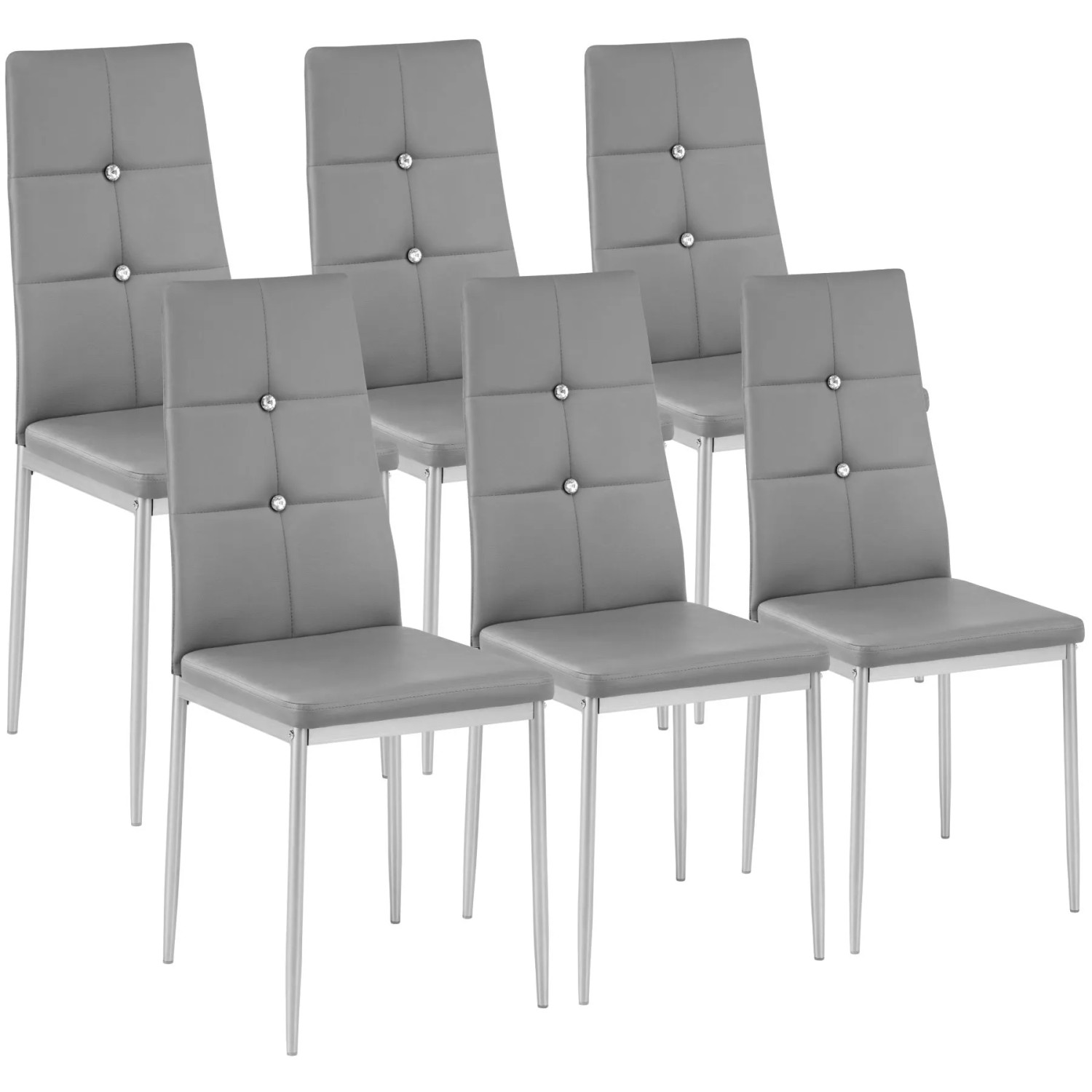 Tectake Set Esszimmerstuhl Julien Gepolstert Mit Kunstlederbezug Hohe Rückenlehne Mit Glitzersteinen 6Er Set 40 x 42 x 97 cm Grau