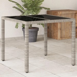 Hellgrauer vidaXL Gartentisch mit Glasplatte, Poly Rattan, 90x90 cm.
