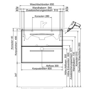 Technische Zeichnung: Steinkamp Waschtischunterschrank Living 2.0 mit Villeroy & Boch Venticello Waschtisch, Maße.