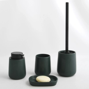 MSV Bad-Set Maonie, Keramik, dunkelgrün: Seifenspender, Becher, Seifenschale und WC-Garnitur.
