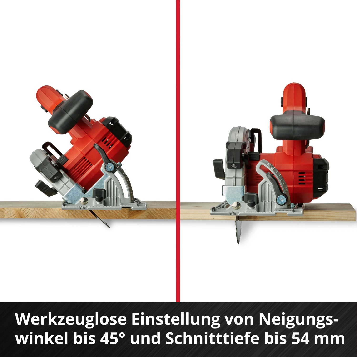 Einhell Akku-Handkreissäge TE-CS 18/165-1 Li Solo, Neigung und Schnitttiefe einstellbar.