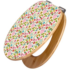 Banjado WC-Sitz aus Bambus mit rosa Blütenmotiv. Toilettendeckel mit Absenkautomatik.
